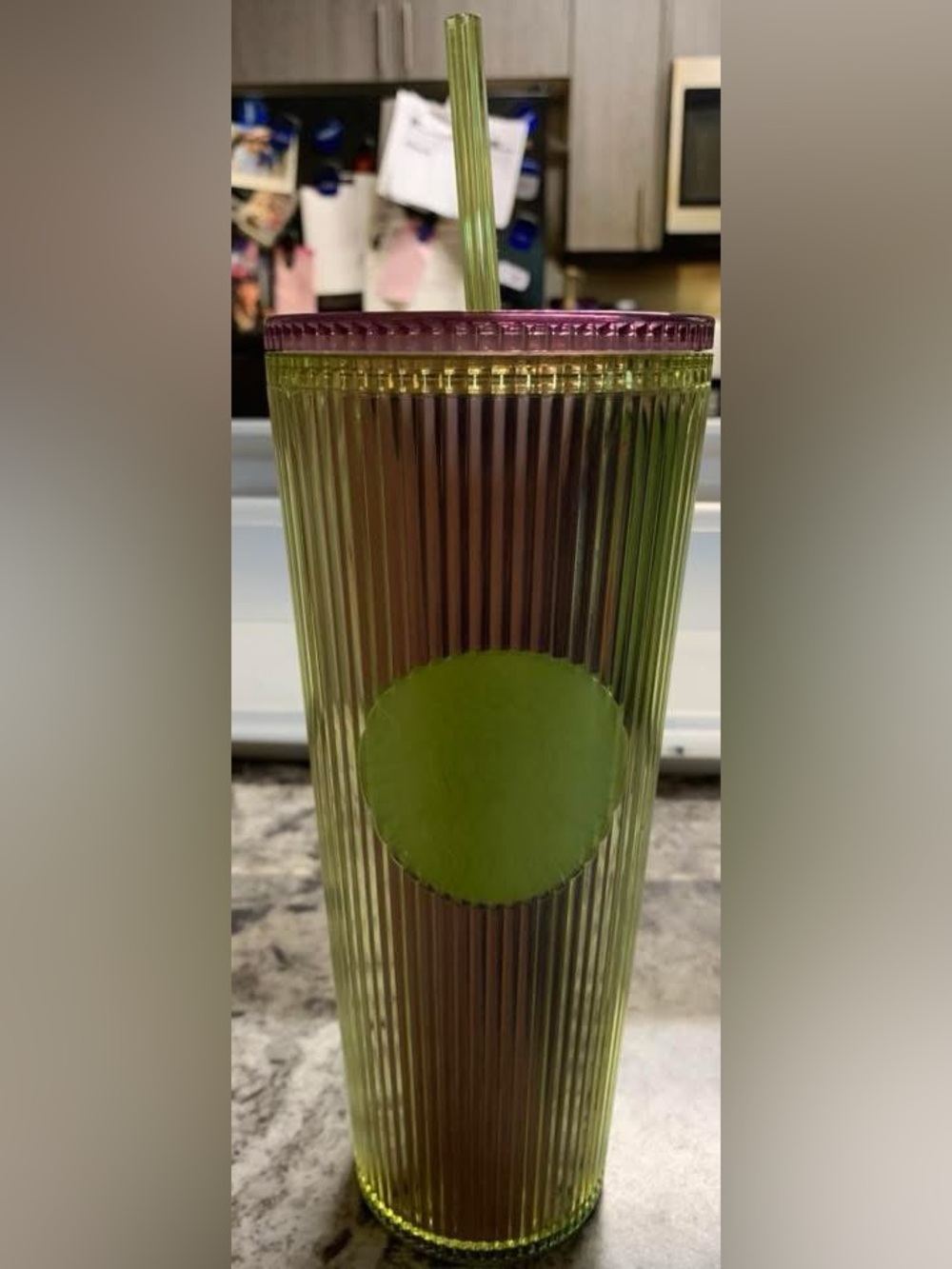 Starbucks Green Ribbed Tumbler with Purple Lid and Straw 24oz